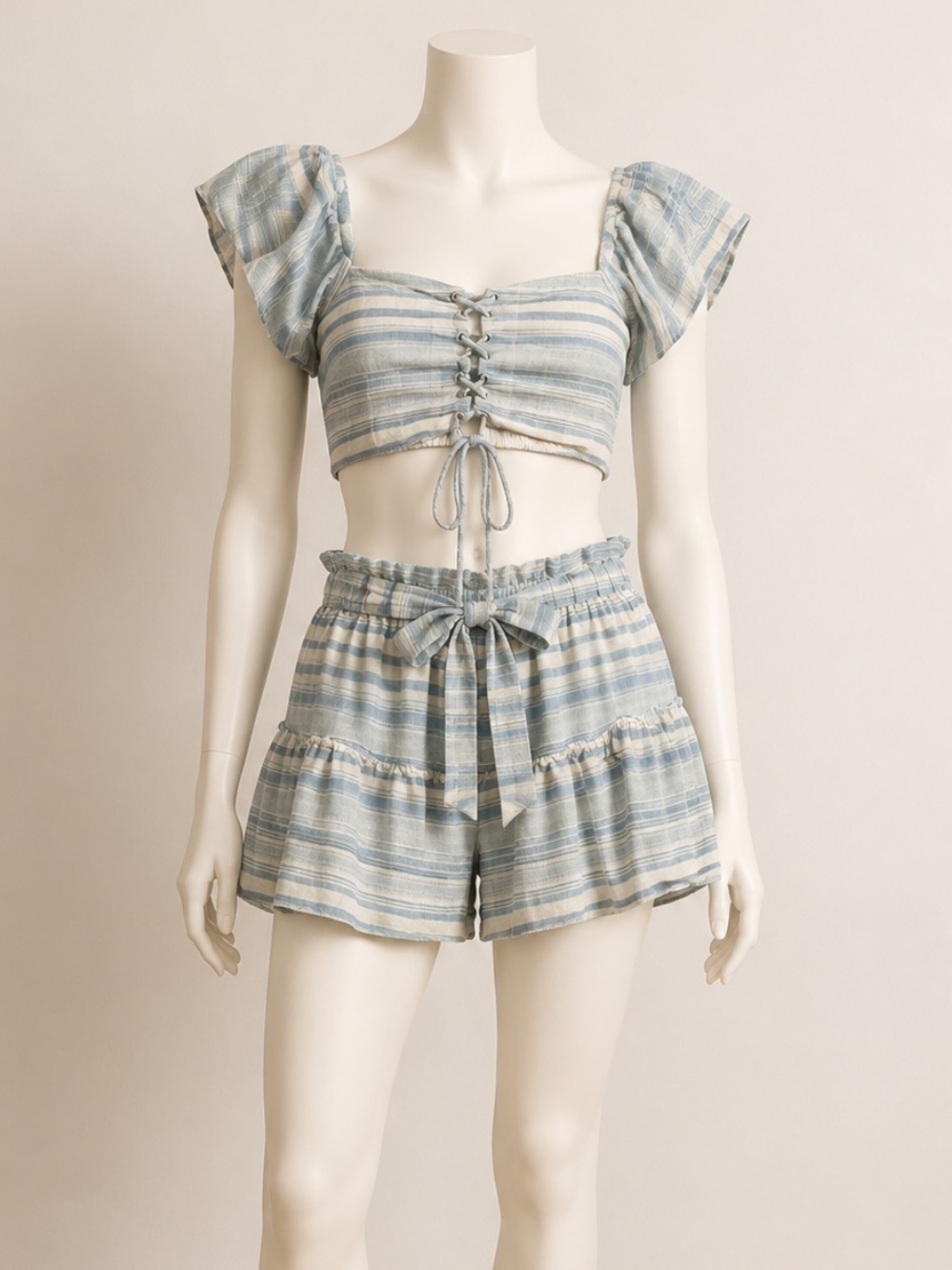 Mustard Seed Blue and Cream Striped Two-Piece Crop Top and Short Set NWOT